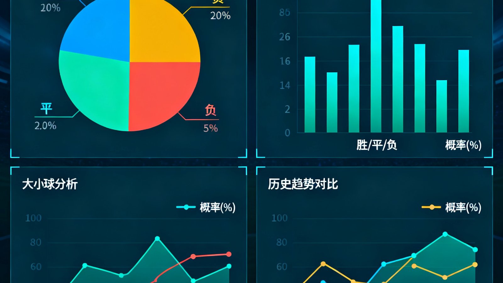 看球宝AI数据预测界面，以百分比饼图和柱状图展示比赛胜平负概率分布，右侧附有大小球分析曲线和历史趋势对比。